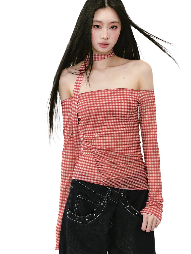 Plaid Mesh Ribbon Sunshade Long Sleeve T-shirt - CHINASQUAD