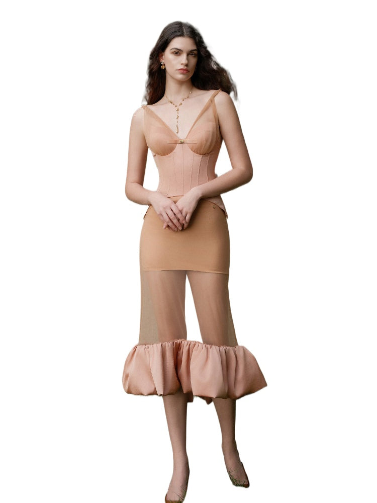Strapped Waist-Cinching Midi Fish-Tail Half Skirt Set