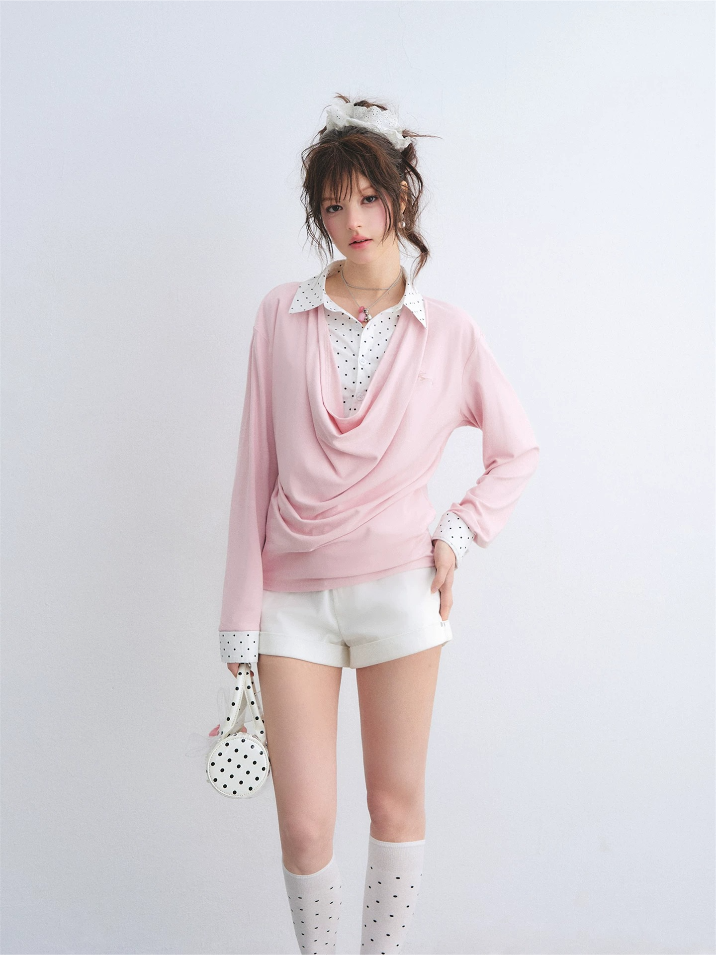 Polka Dot Shirt Panel Faux-Layer Draped Collar Top