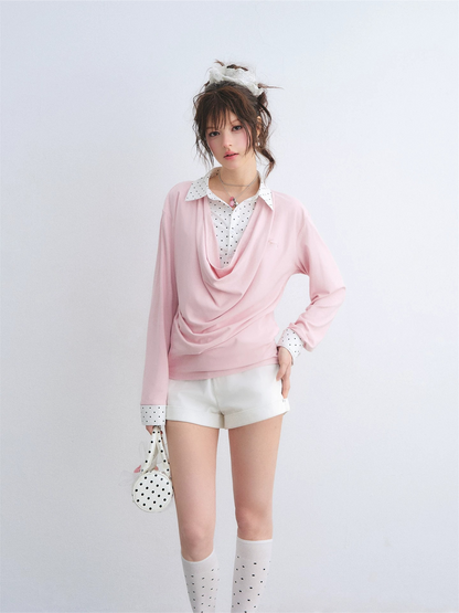 Polka Dot Shirt Panel Faux-Layer Draped Collar Top