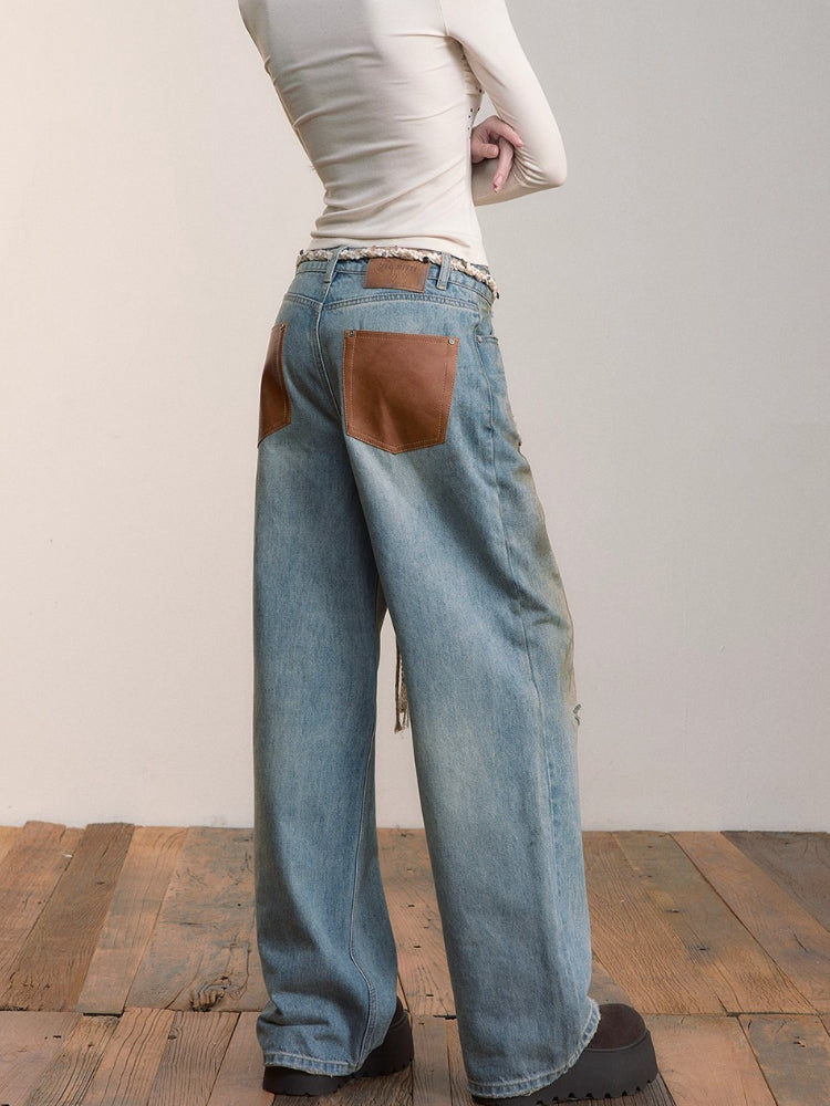 Heavy-Duty Distressed Wide-Leg Jeans - CHINASQUAD