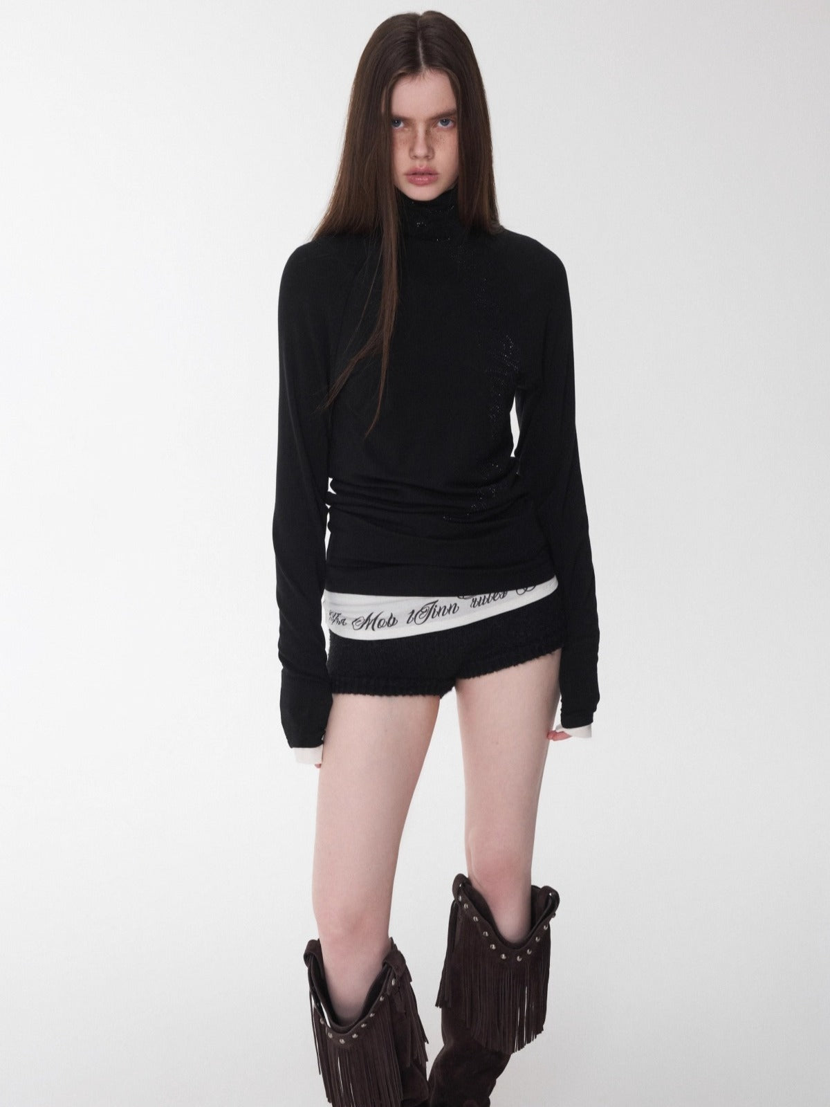 Rhinestone High-Neck Raglan Knit T-Shirt