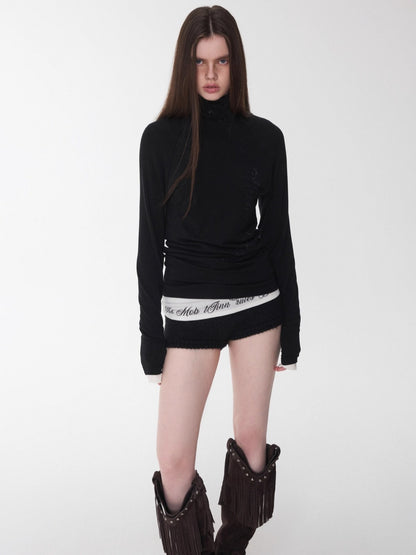Rhinestone High-Neck Raglan Knit T-Shirt