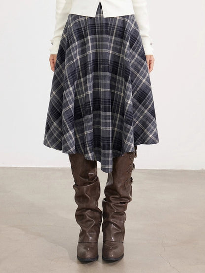 Asymmetrical Wool Plaid Midi Skirt