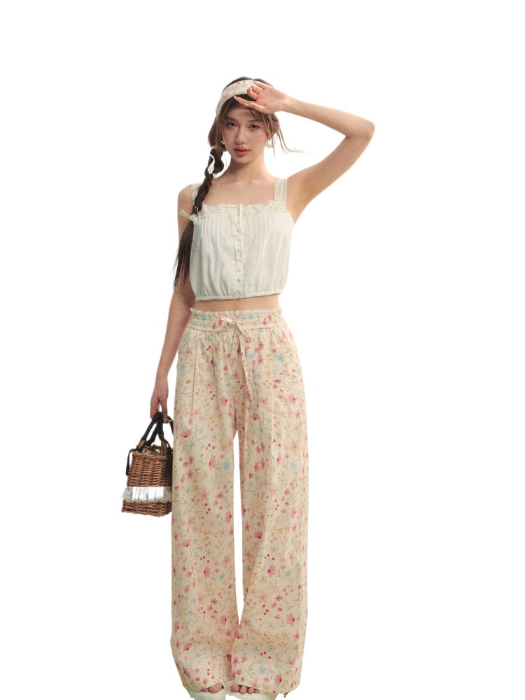 Waist-Cinching Lace-Trimmed Spaghetti-Strap Vest - CHINASQUAD