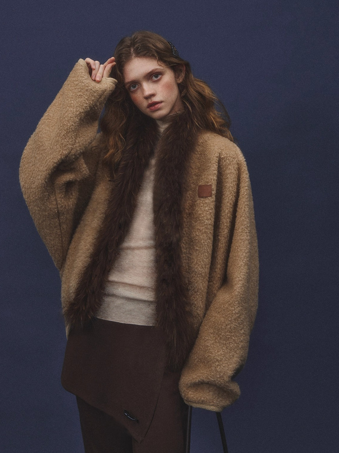 Wool-Blend Fur-Trim Cape Jacket