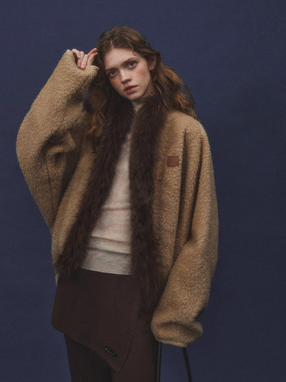 Wool-Blend Fur-Trim Cape Jacket