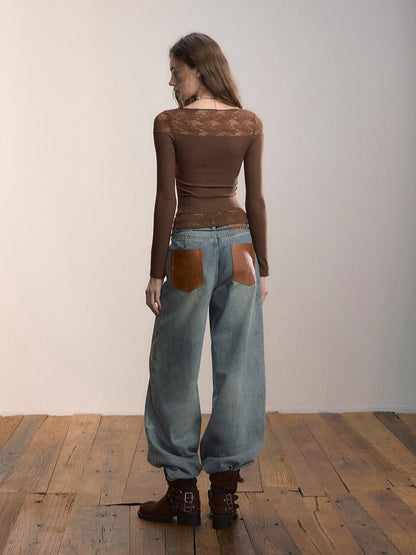 Lace-Trimmed Rib Knit V-Neck Knitwear
