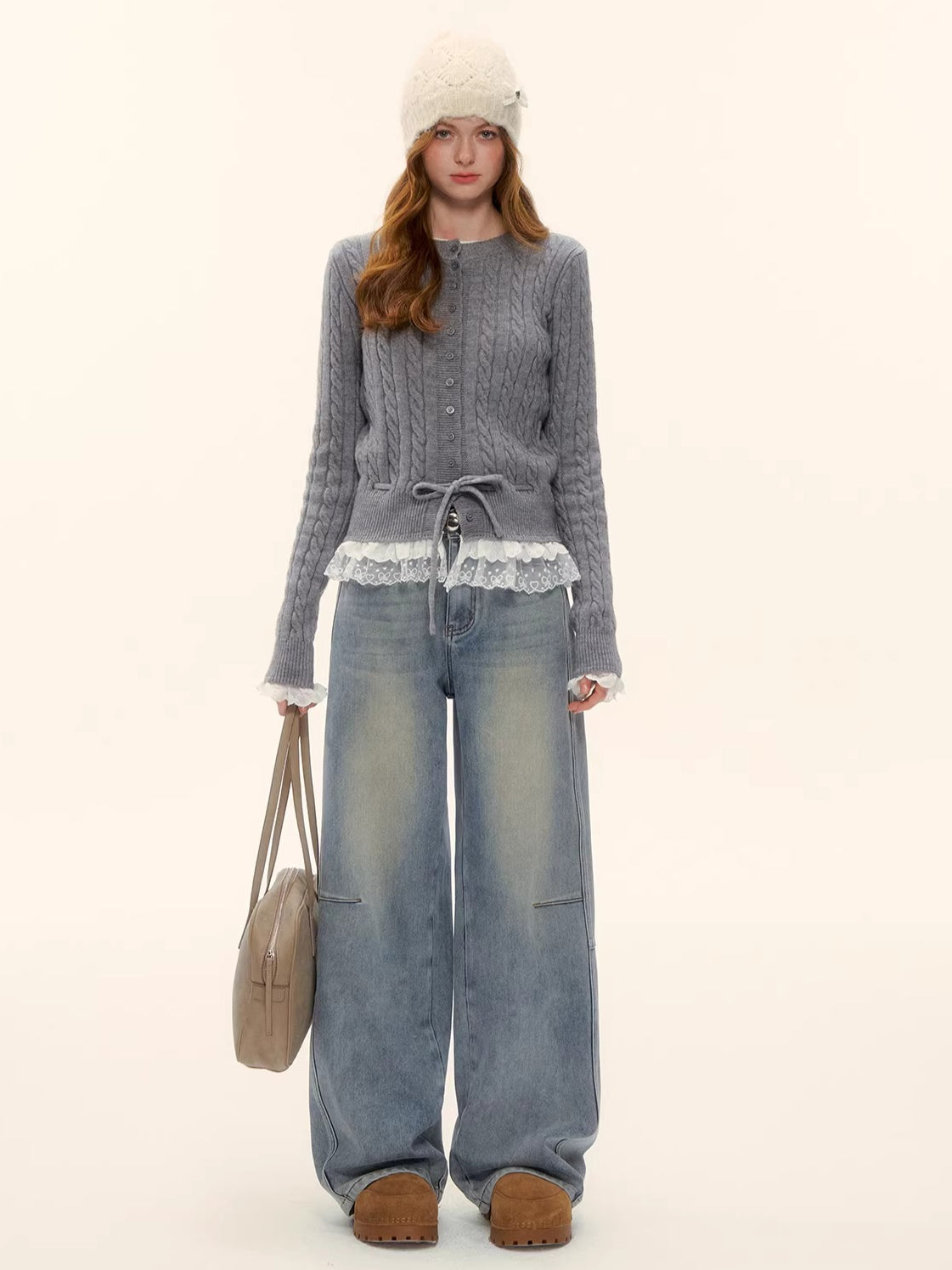 Cable Knit Lace-Hem Drawstring Sweater