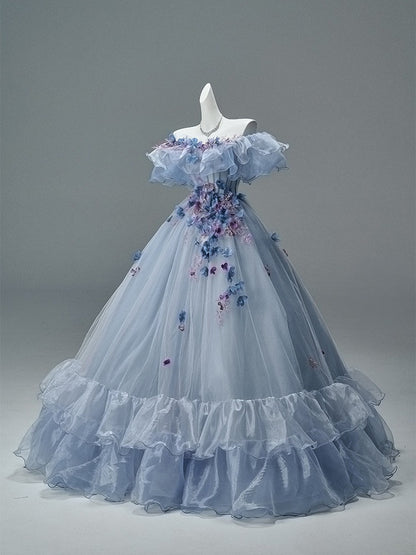 Off-Shoulder Floral Appliqué Tulle Couture Gown