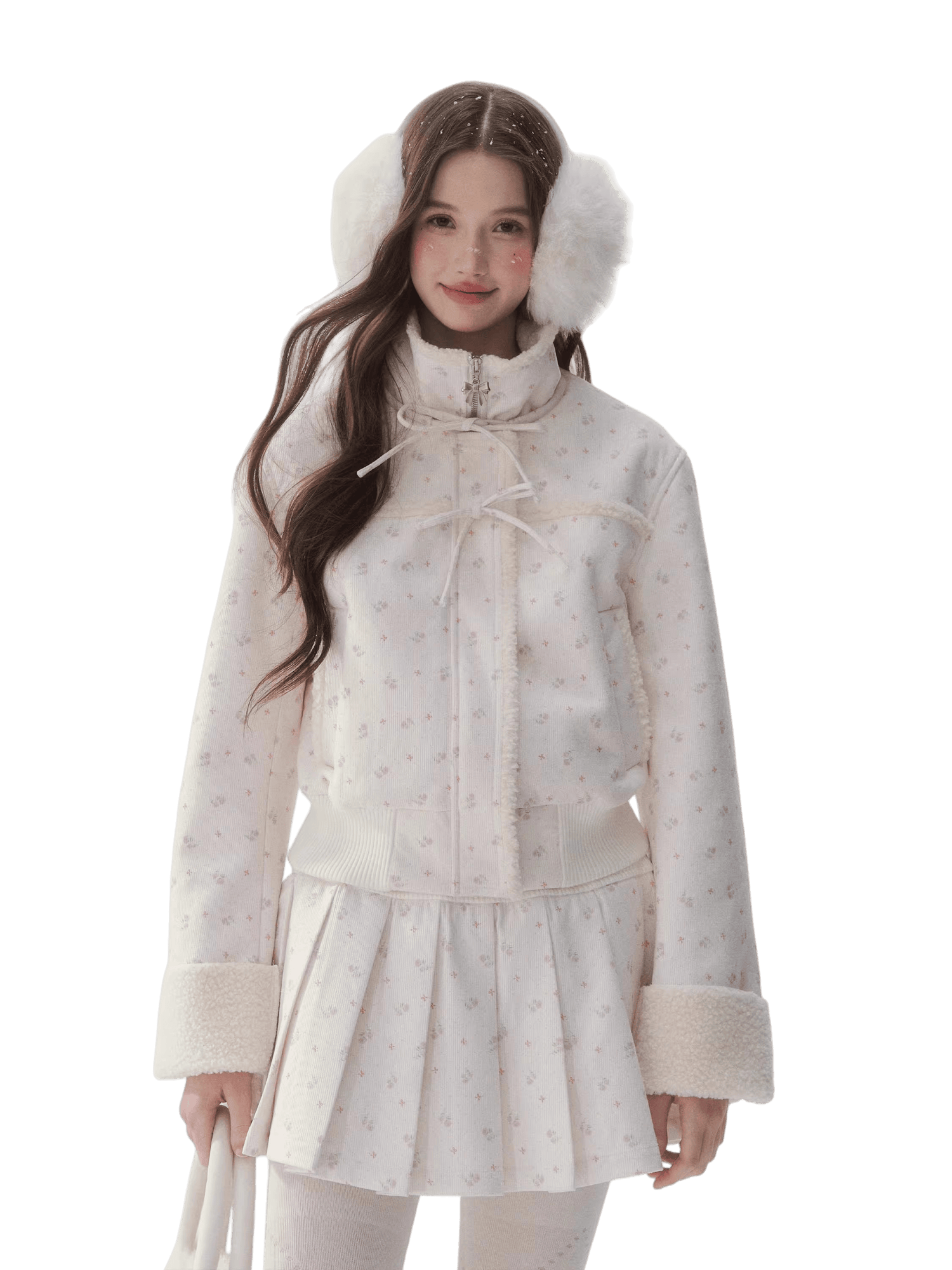 Shearling Patchwork Jacket Pleated Skirt Set