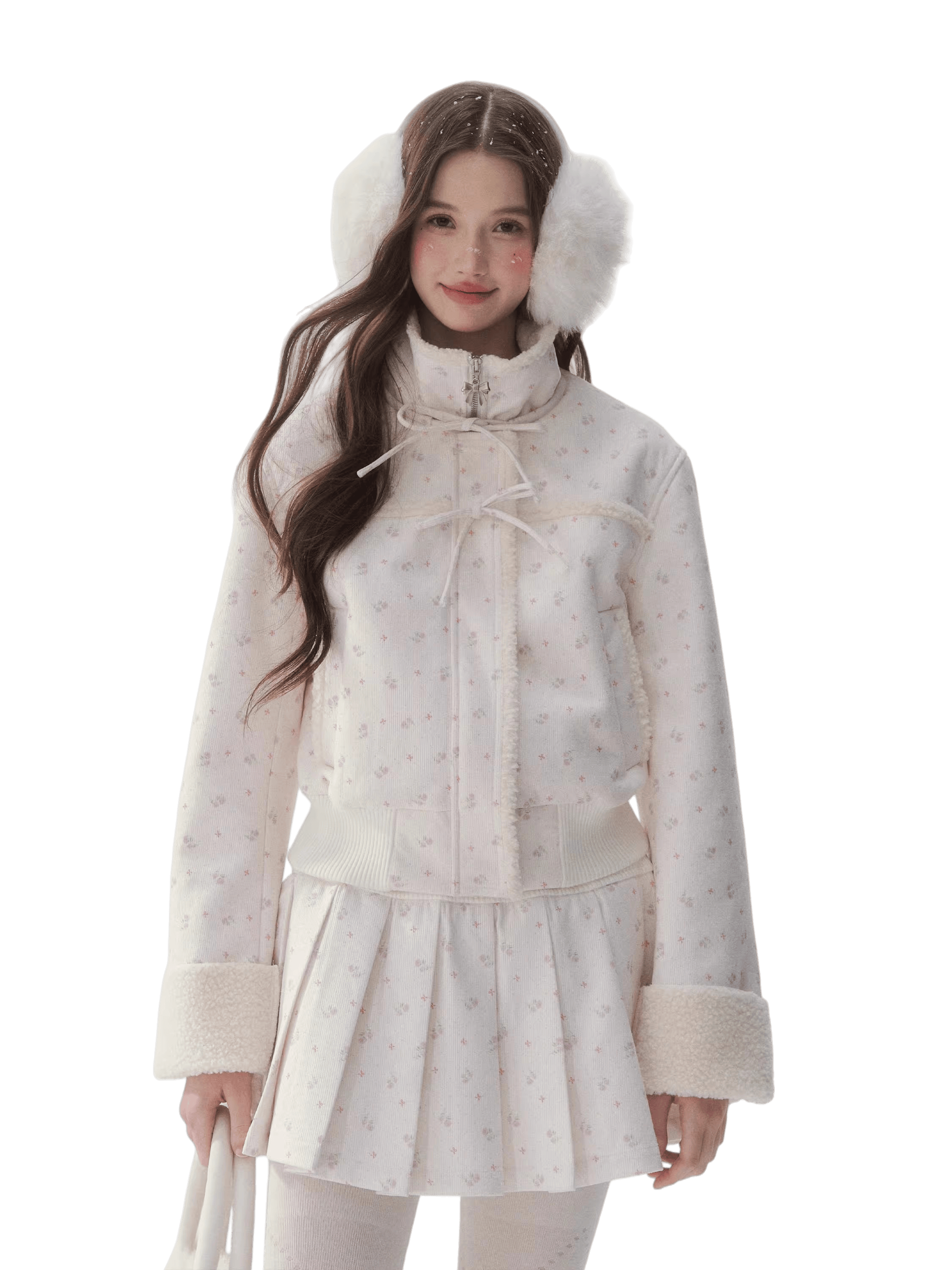 Shearling Patchwork Jacket Pleated Skirt Set