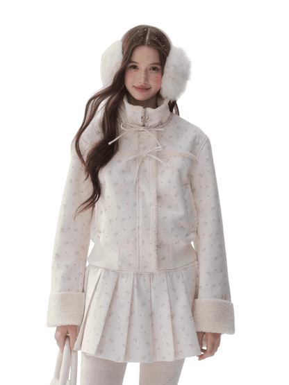 Shearling Patchwork Jacket Pleated Skirt Set