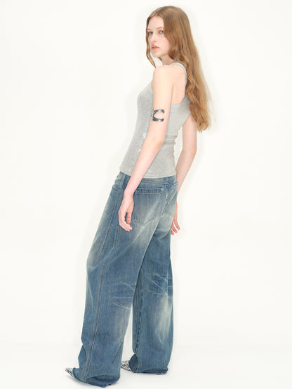 Wash Deconstructed Curved Denim Pants