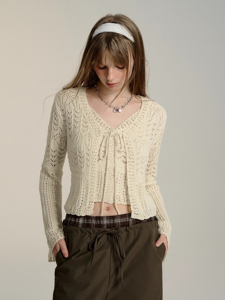 White Chunky Knit Openwork Cardigan Set