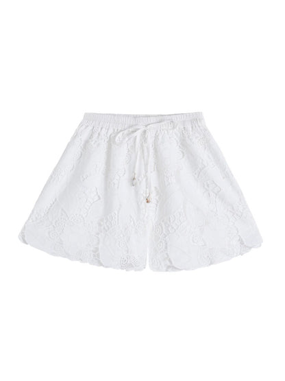 White Lace Hollow-Out Tie-Up Shorts