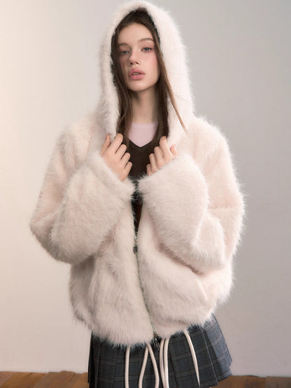 Fuzzy Hooded Plush Sweatshirt Jacket