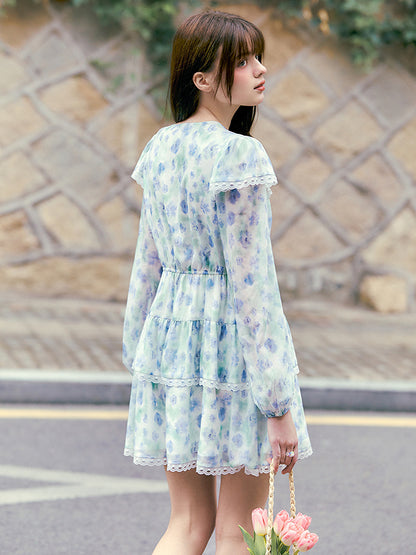 Blue Floral Lace-paneled Long Sleeve V-neck Dress