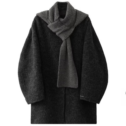 Knitted Hooded Scarf Mid-Length Wool Coat