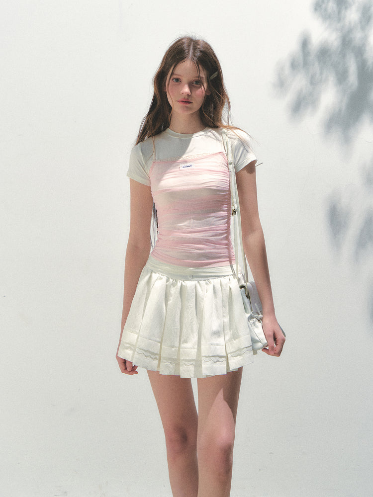 Contrast Color Fake Two-piece Mesh Lace Short-sleeve T-shirt - CHINASQUAD