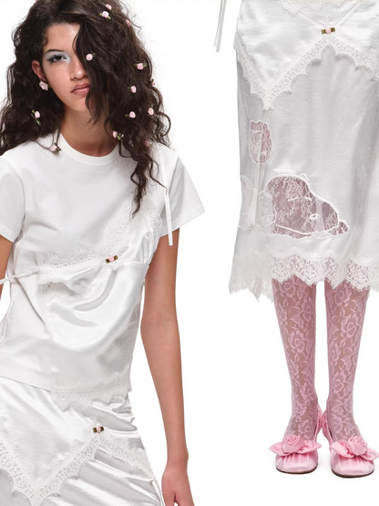 Snoopy Lace-Trim Satin Midi Skirt