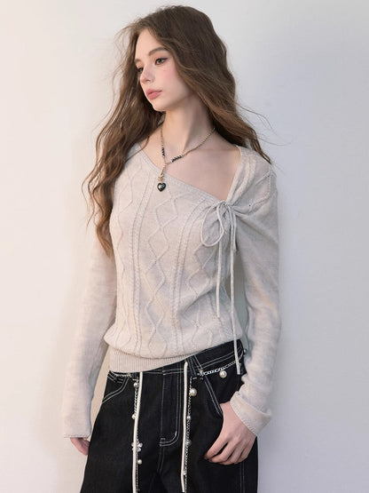 Asymmetrical Tie-Neck Cable Knit Sweater