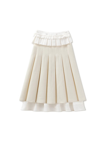 Navy &amp; Beige Double Waist Pleated Skirt