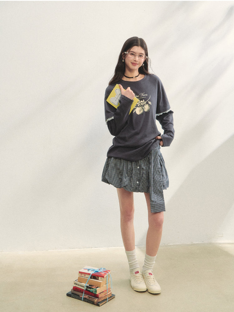 Checkered Tie-Up Embroidered Bud Mini Skirt