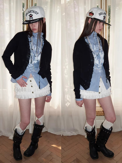 Ruched Trim Acetate-Blend Knit Cardigan