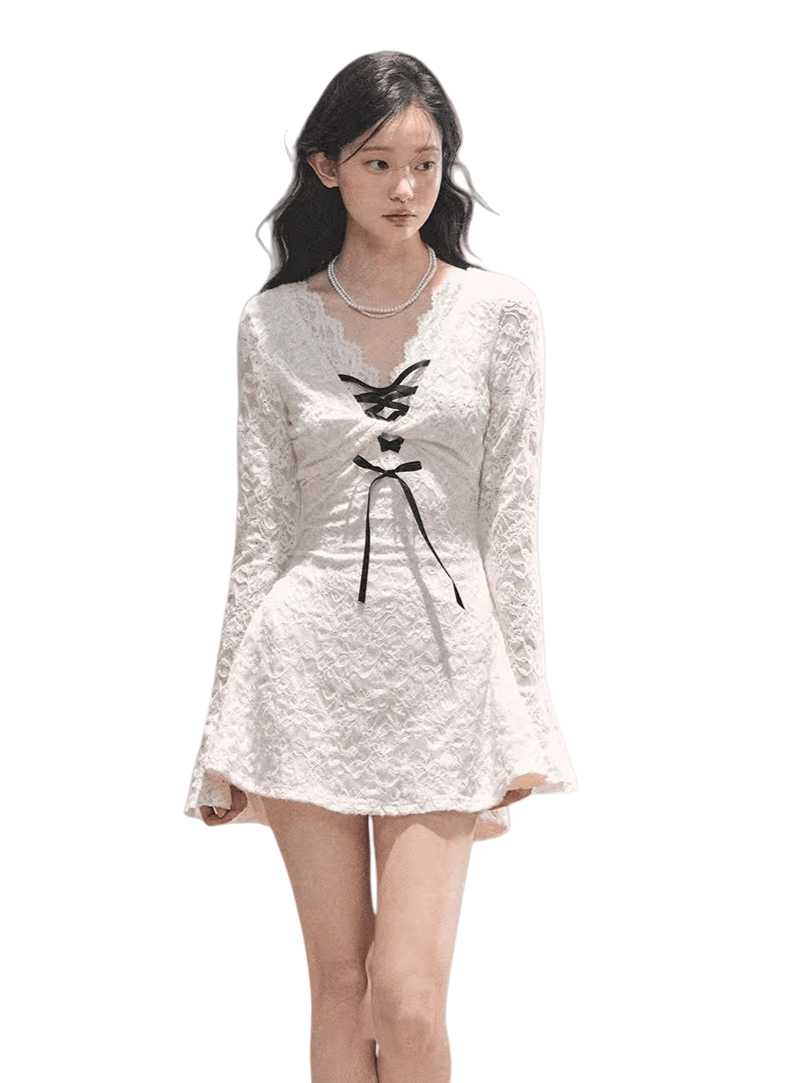 Lace Puff-Skirt V-Neck Mini Dress