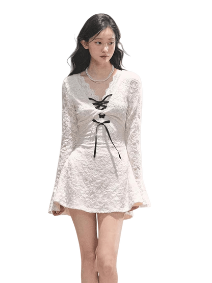 Lace Puff-Skirt V-Neck Mini Dress