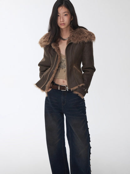 Faux Shearling-Lined Washed Leather Slim Jacket