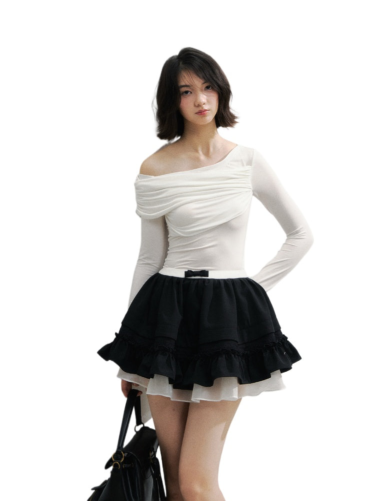 Asymmetric Shoulder Voluminous Ruched T-Shirt - CHINASQUAD