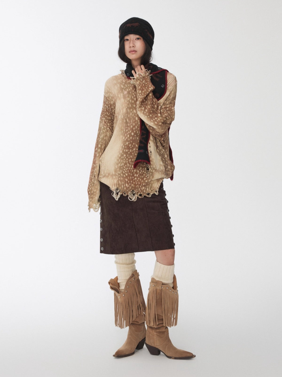 Vintage Deer Print Distressed Knit Sweater