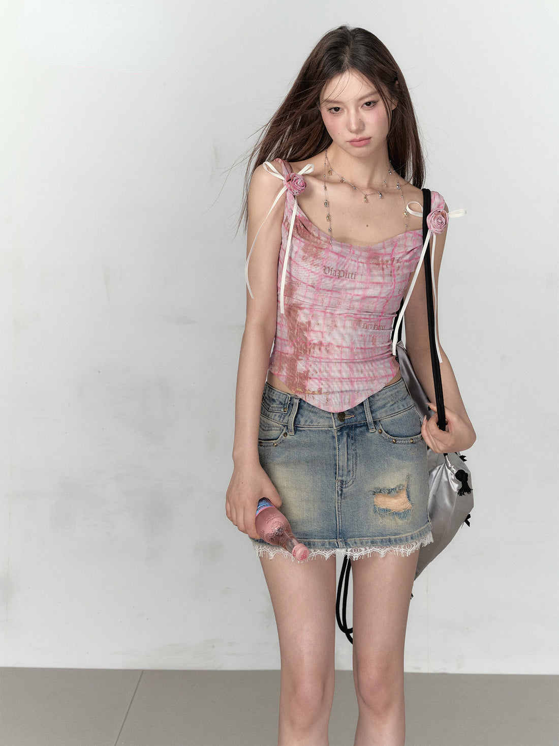 Pink &amp; Yellow Off-Shoulder Mesh Rose Print T-shirt - CHINASQUAD