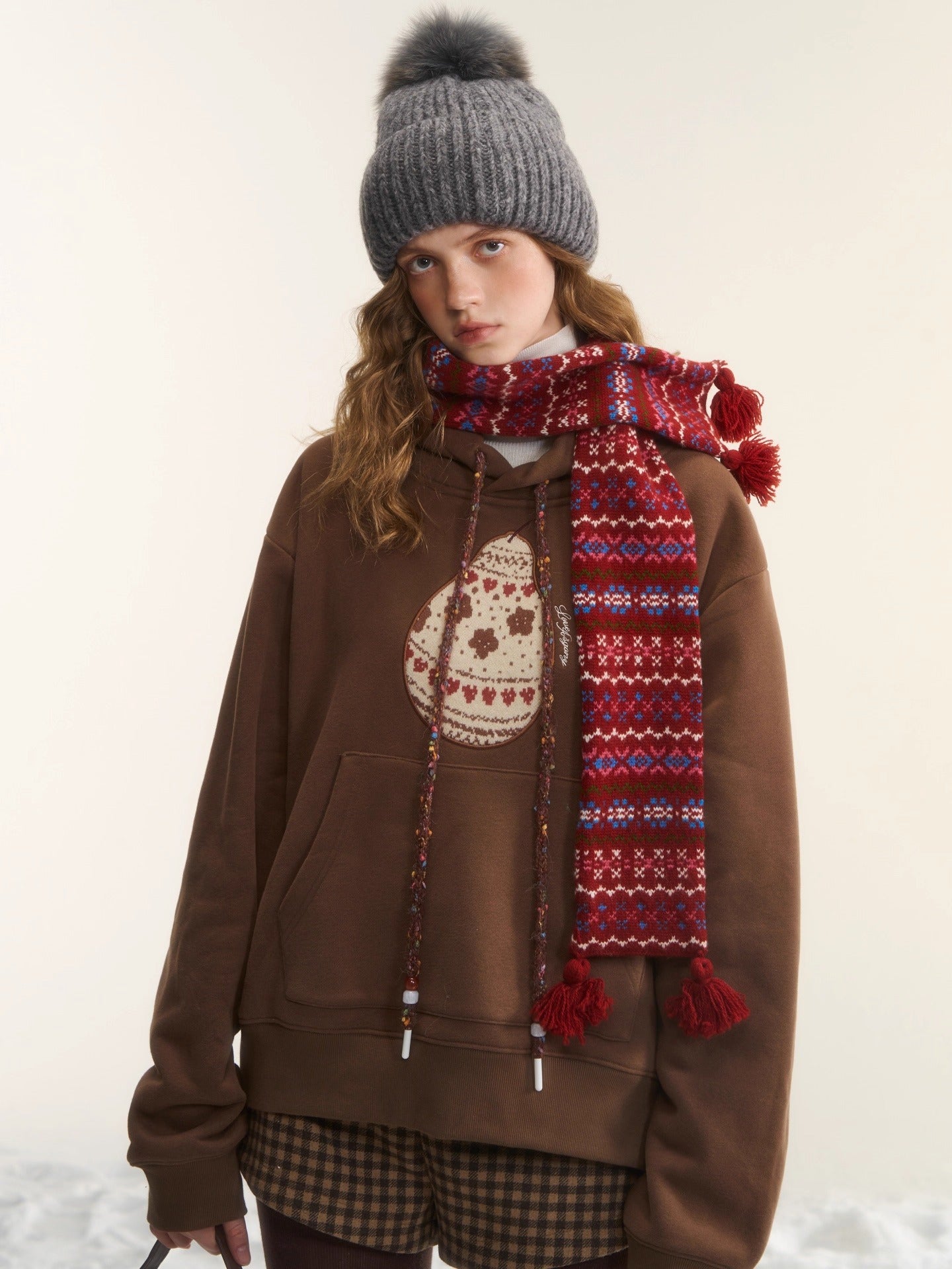 Brushed Fair Isle Knit Hooded Sweatshirt