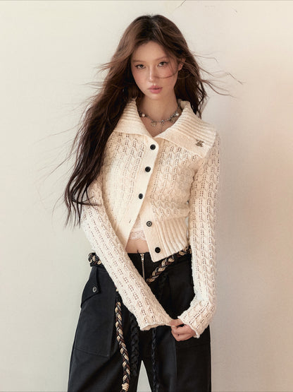 Lapel Collar Wool Short Knit Cardigan