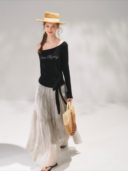Asymmetric Crystal Logo Tie-Shoulder Fitted Tee