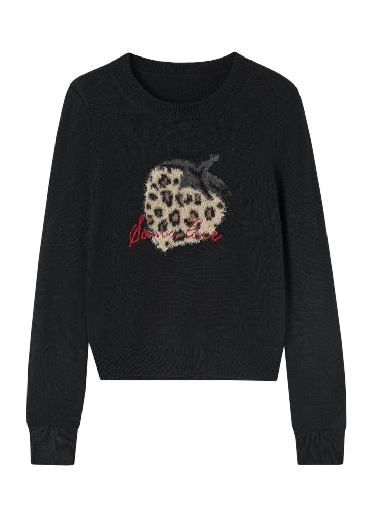 Leopard Strawberry Crewneck Long-Sleeve Sweater