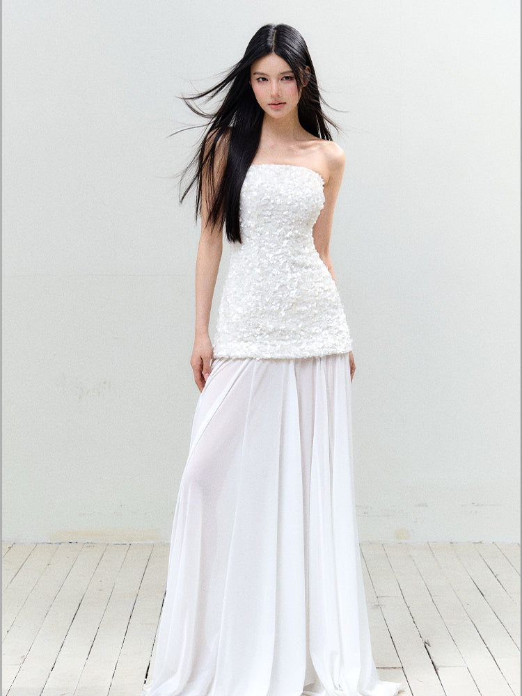 Sequin Mesh Strapless Dress