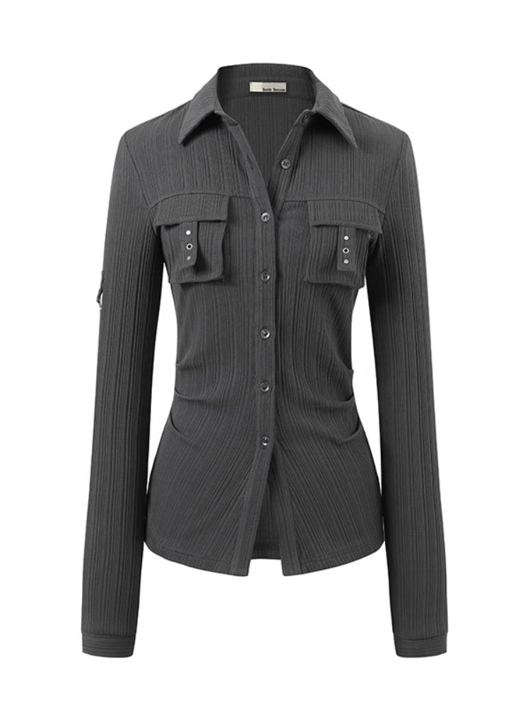 Striped Rivet 3D Pocket Fitted Shirt