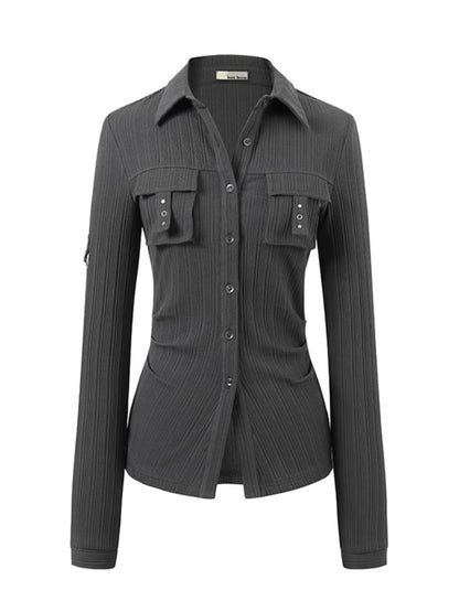 Striped Rivet 3D Pocket Fitted Shirt