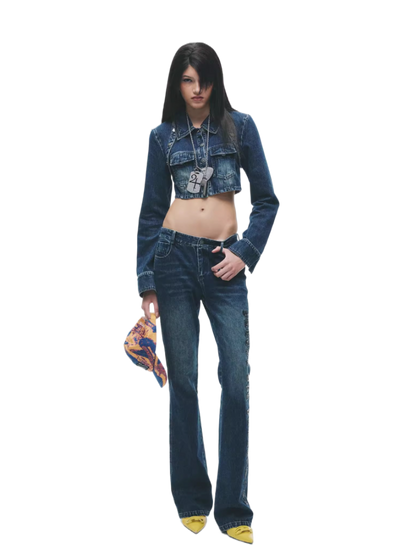Y2K Washed Denim Cropped Set with Embroidered Patch Detail