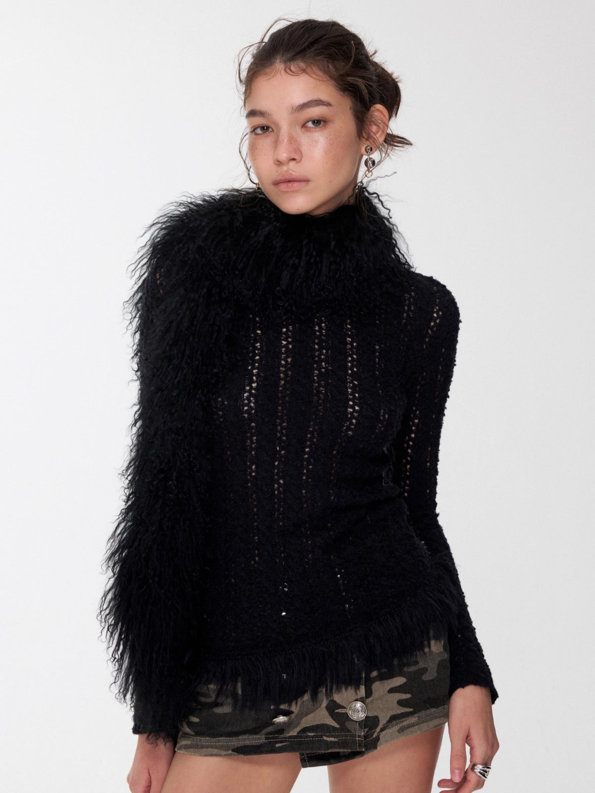 Cable-Knit Faux-Fur Trim Fitted Sweater - CHINASQUAD