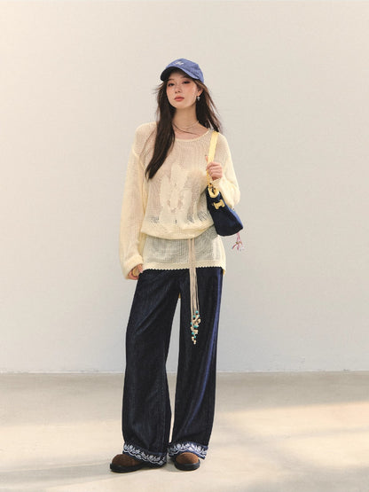Floral Jacquard Knitted Hollow Crewnecks