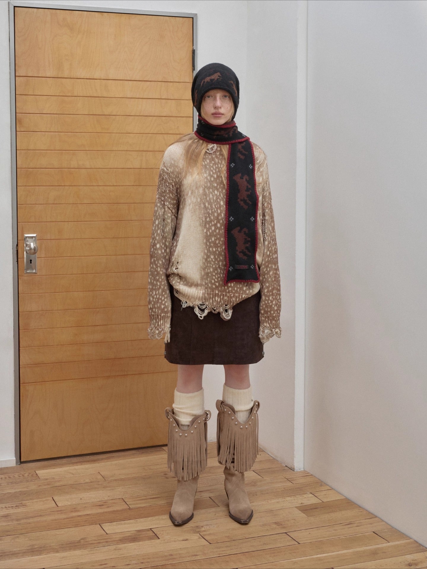 Vintage Deer Print Distressed Knit Sweater