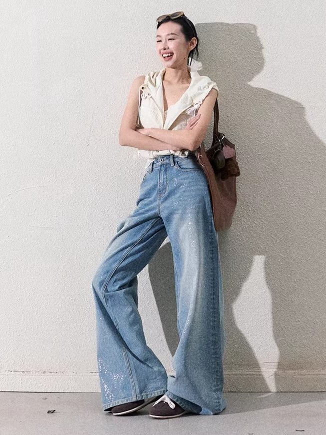 Cotton Silver-Splatter Wide-Leg Jeans
