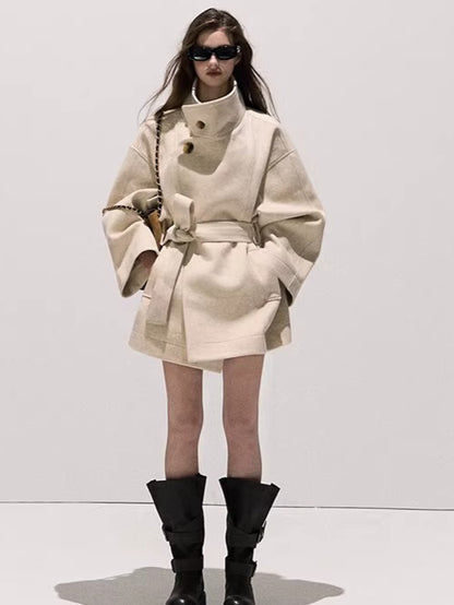 Stand-Collar Pure Wool Tailored Coat
