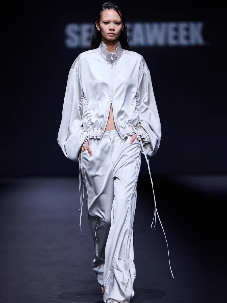 Draped Satin Pleated Wide-Leg Trousers