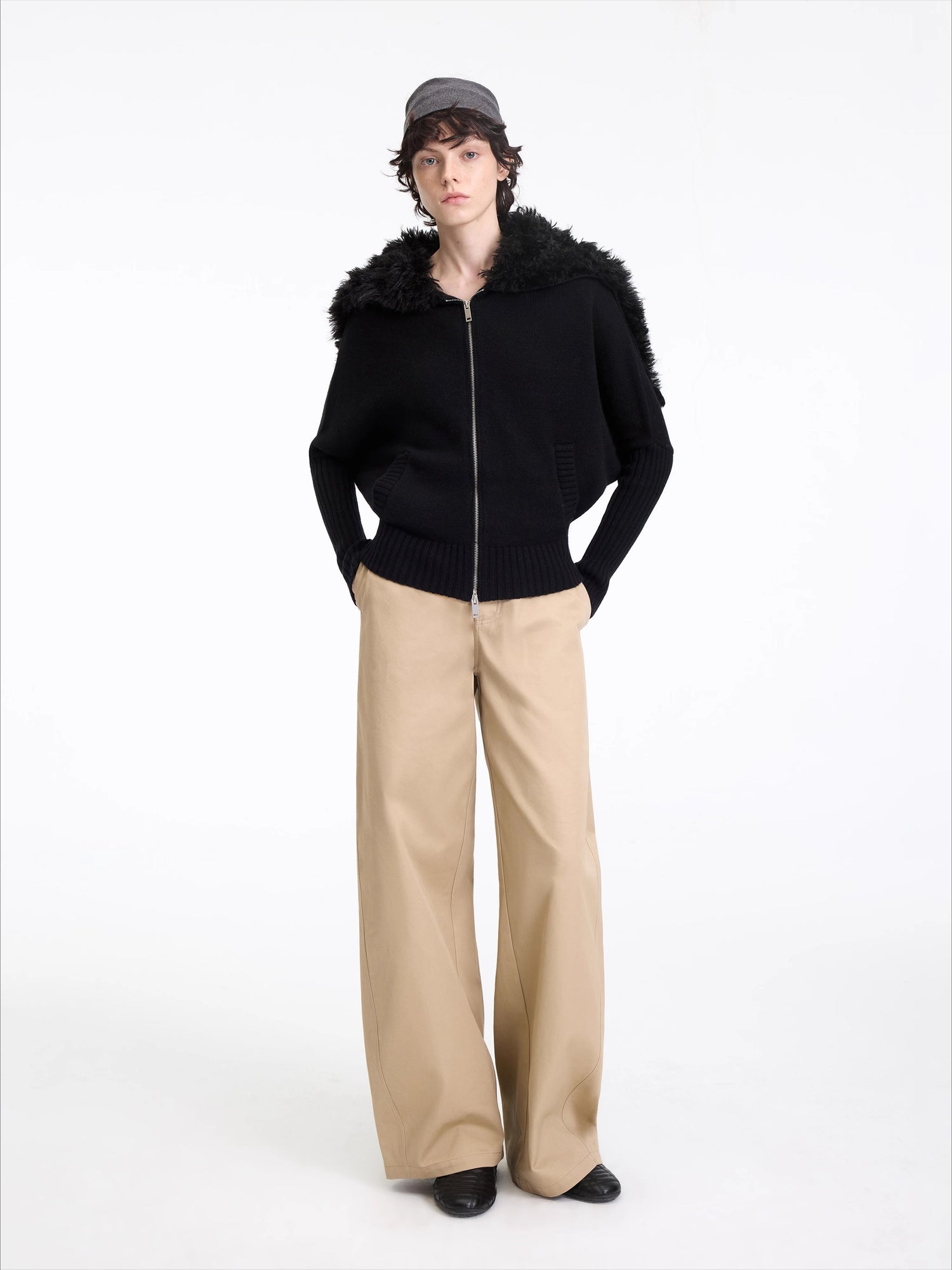 Wool-Blend Hooded Faux Fur Collar Knit Jacket